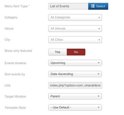 Filter options in menu item “Event list”